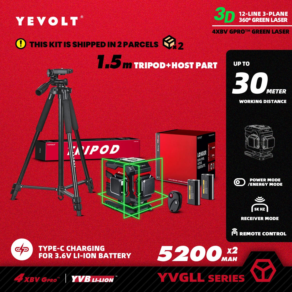 Nível a laser YEVOLT YVGLL4XS12T 3D, 12 linhas, autonivelante, 3 Ah/5,2 Ah, íons de lítio, ferramentas de medição horizontal e vertical 360