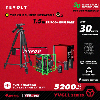 Nível a laser YEVOLT YVGLL4XS12T 3D, 12 linhas, autonivelante, 3 Ah/5,2 Ah, íons de lítio, ferramentas de medição horizontal e vertical 360