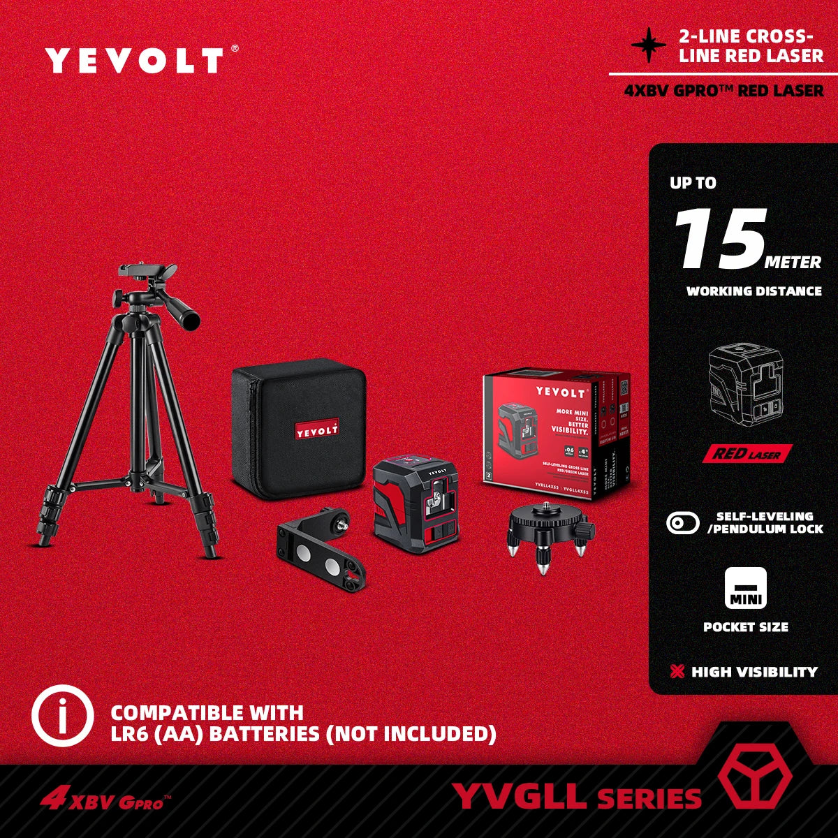 Nível de laser de linha cruzada YEVOLT YVRLL4XS2/YVGLL4XS2 Vermelho/Verde 2 linhas autonivelantes ferramentas de construção