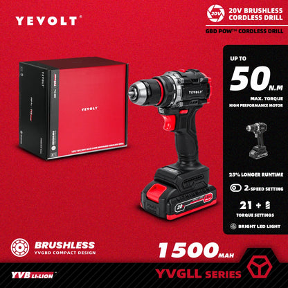 YEVOLT Cordless Electric Drill 20V - Brushless Motor, 2-Speed (0-550/1450RPM) 50N.m Torque LED Light for Prolonged DIY Projects