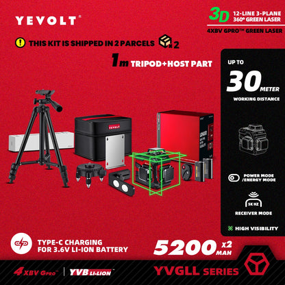 Nível a laser verde YEVOLT 3/4-Plano TL-YVGLL4XS-Series 12/16-Linhas Autonivelante 360 ​​3D/4D Ferramenta de medição de potência - Tripé de 1 m