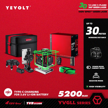 Nível a laser verde YEVOLT YVGLL4XS-Series autonivelante, 3/4 planos, 12/16 linhas, 360 graus, 3D/4D, ferramenta de medição de linhas horizontais e verticais