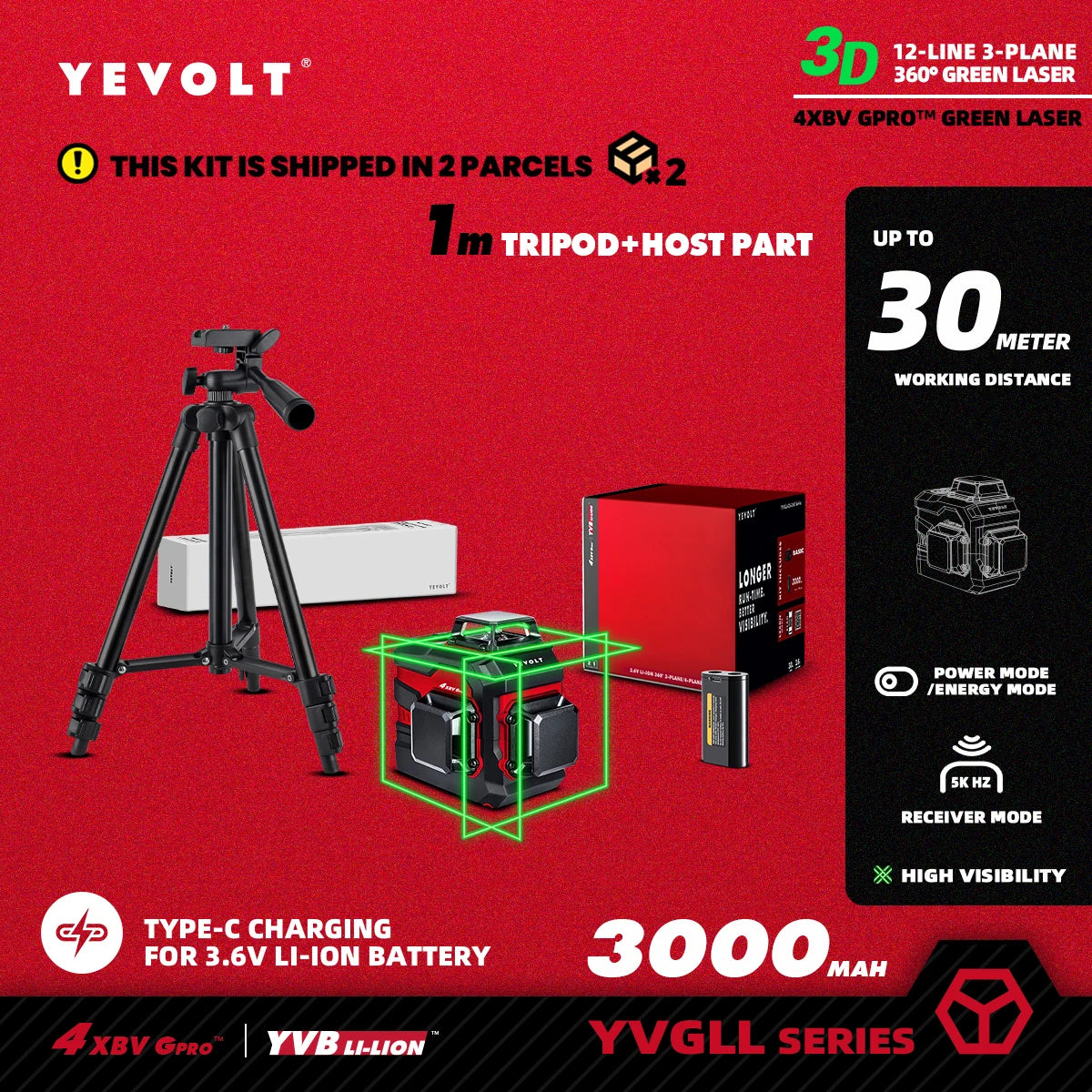 Nível a laser verde YEVOLT TL-YVGLL4XS-Series 3/4-Plano 12/16-Linhas Autonivelante 360 ​​3D/4D Ferramenta de medição de potência - Tripé de 1 m