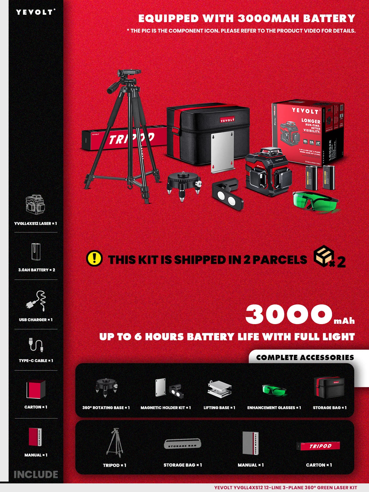 Nível a laser verde série YEVOLT YVGLL4XS12, 3 planos, 12 linhas, autonivelante, 360 graus, horizontal e vertical, 3,6 V, 3 Ah, ferramentas elétricas
