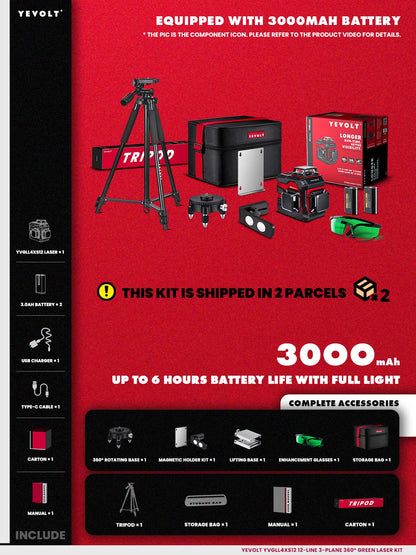 Nível a laser verde série YEVOLT YVGLL4XS12, 3 planos, 12 linhas, autonivelante, 360 graus, horizontal e vertical, 3,6 V, 3 Ah, ferramentas elétricas