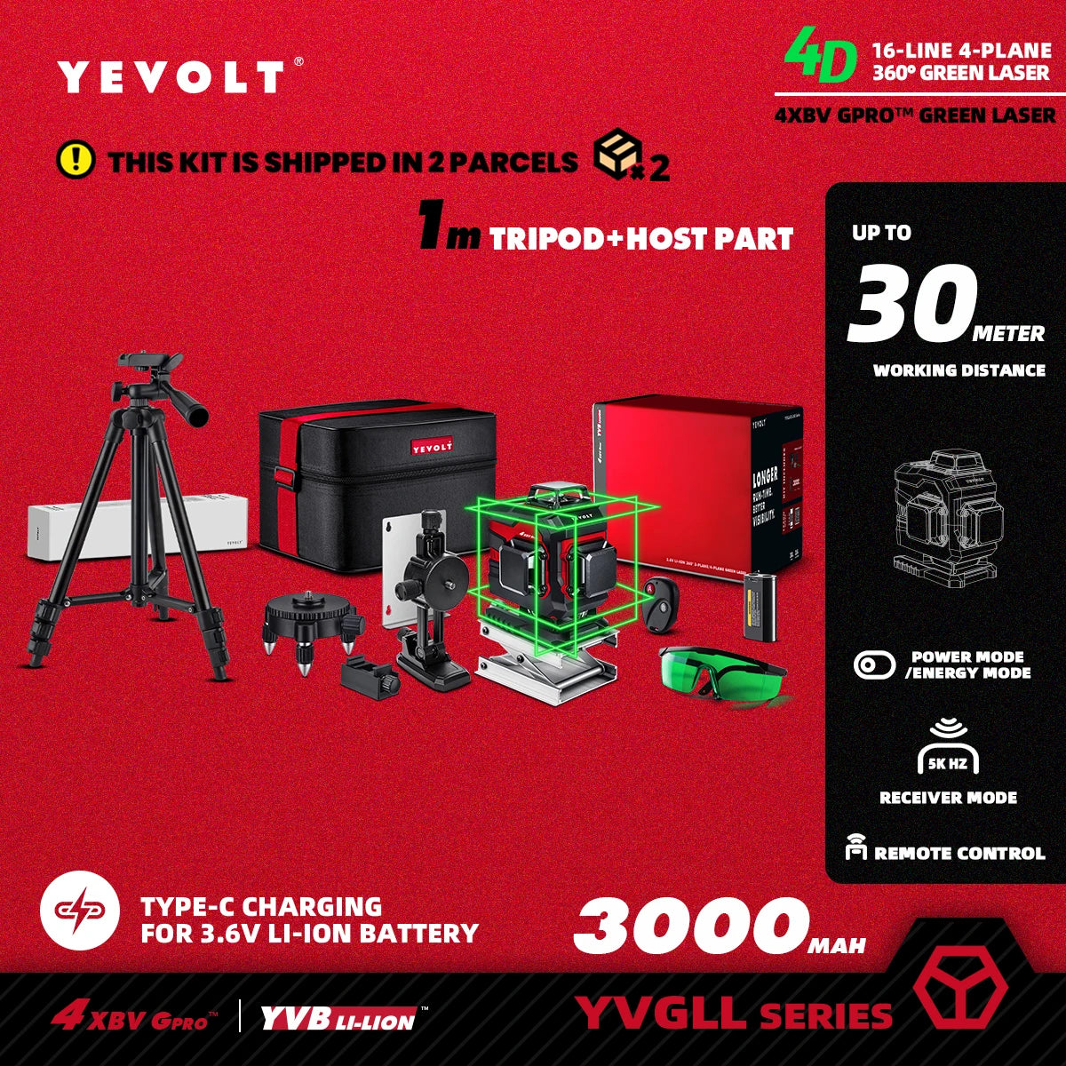 Nível a laser YEVOLT Green Beam, 16 linhas, autonivelante, 360°, 3D, horizontal e vertical, ferramentas de medição precisas - Série YVGLL4XS16