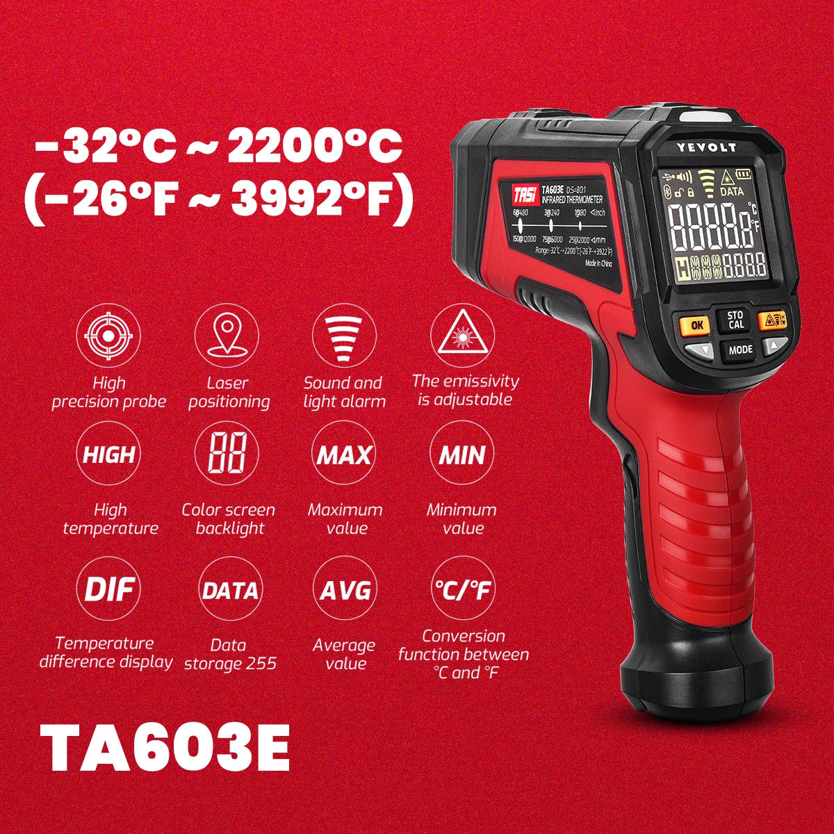 Termômetro infravermelho digital série YEVOLT TA603, portátil, sem contato, infravermelho, laser, pistola de temperatura, tela colorida, luz de fundo