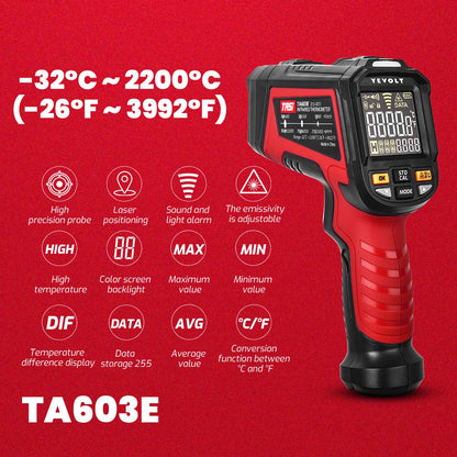 Termômetro infravermelho digital série YEVOLT TA603, portátil, sem contato, infravermelho, laser, pistola de temperatura, tela colorida, luz de fundo