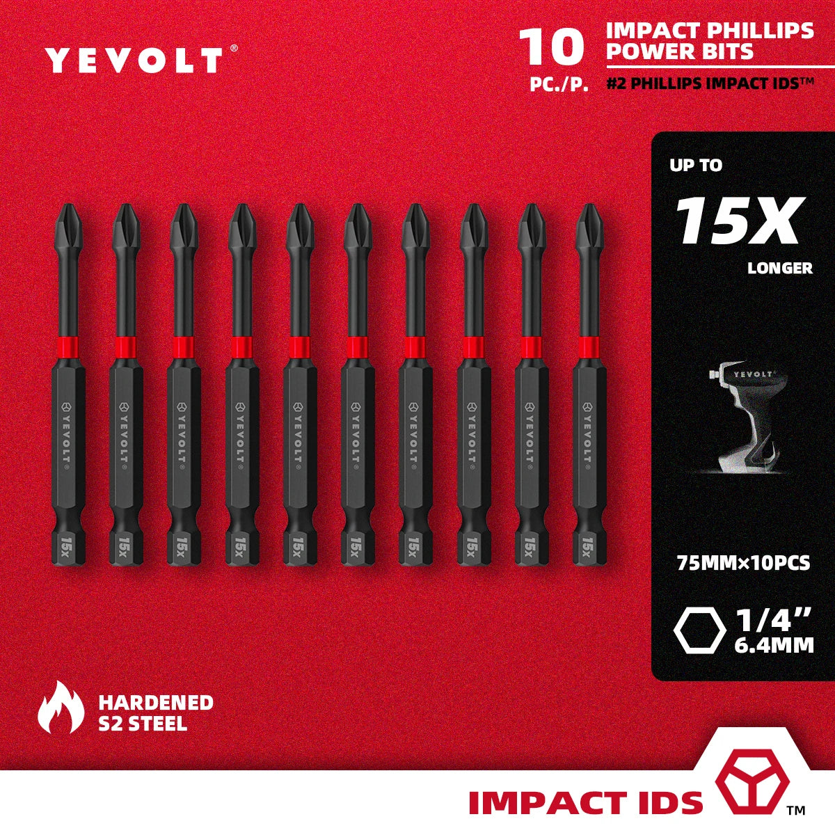 Conjunto de brocas de impacto série YEVOLT YVIDSPH2, 10 peças, 50/65/75/90/100/150 mm, 1/4" Ph2, brocas magnéticas cruzadas, caixa de armazenamento de aço S2