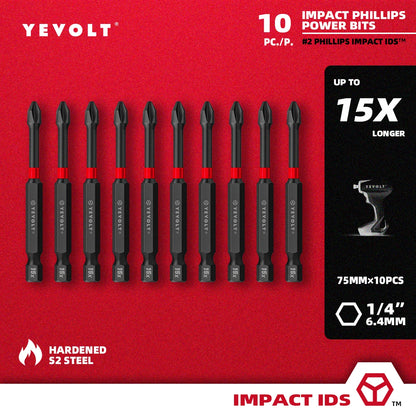 Conjunto de brocas de impacto série YEVOLT YVIDSPH2, 10 peças, 50/65/75/90/100/150 mm, 1/4" Ph2, brocas magnéticas cruzadas, caixa de armazenamento de aço S2