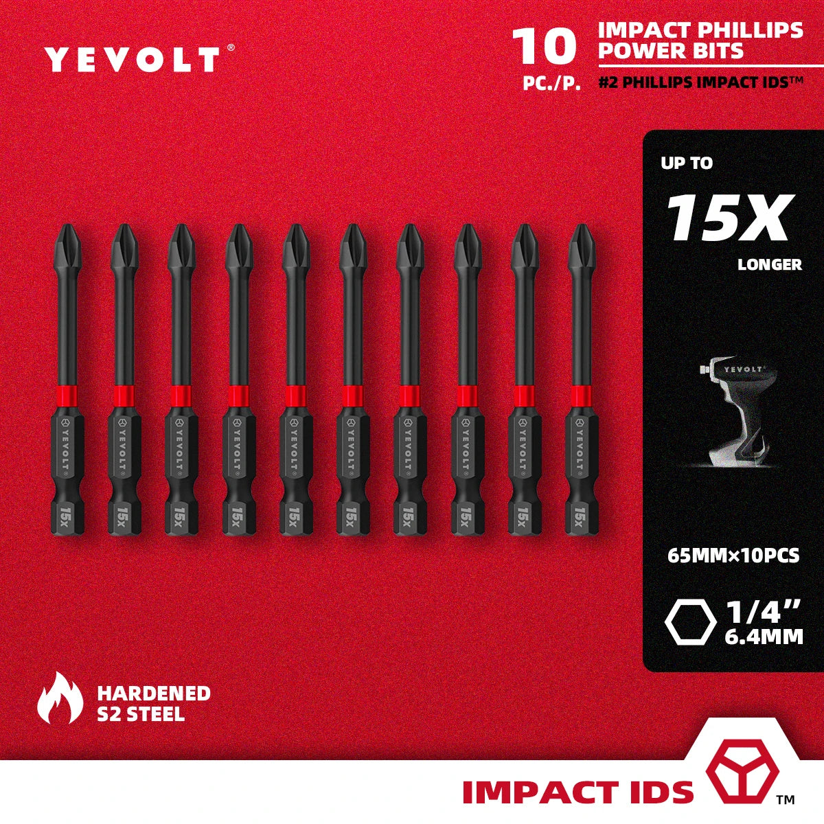 Conjunto de brocas de impacto série YEVOLT YVIDSPH2, 10 peças, 50/65/75/90/100/150 mm, 1/4" Ph2, brocas magnéticas cruzadas, caixa de armazenamento de aço S2