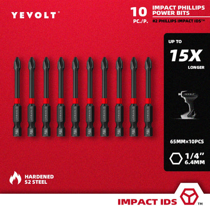 Conjunto de brocas de impacto série YEVOLT YVIDSPH2, 10 peças, 50/65/75/90/100/150 mm, 1/4" Ph2, brocas magnéticas cruzadas, caixa de armazenamento de aço S2