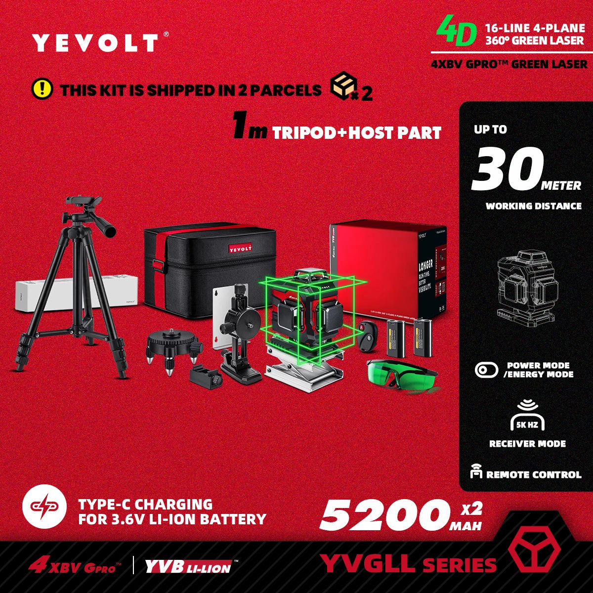 Nível a laser YEVOLT Green Beam, 16 linhas, autonivelante, 360°, 3D, horizontal e vertical, ferramentas de medição precisas - Série YVGLL4XS16
