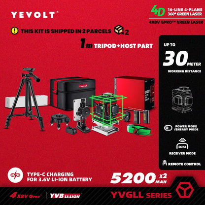 Nível a laser YEVOLT Green Beam, 16 linhas, autonivelante, 360°, 3D, horizontal e vertical, ferramentas de medição precisas - Série YVGLL4XS16