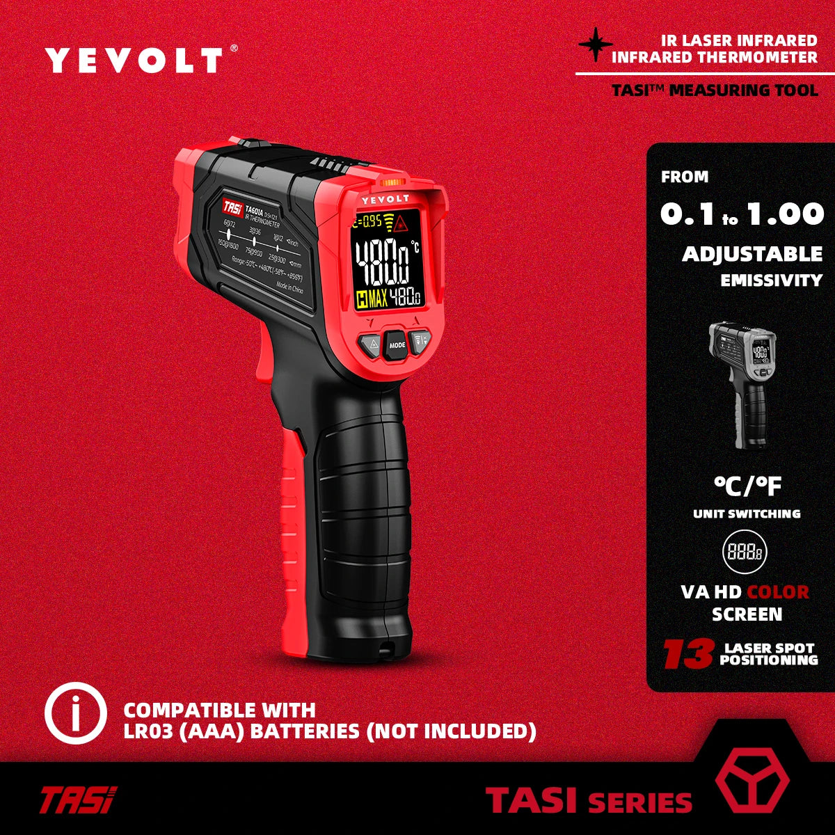 Termômetro infravermelho digital série YEVOLT TA601, portátil, sem contato, infravermelho, laser, pistola de calor, temperatura, ponto VA, tela colorida HD