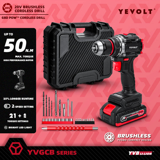 YEVOLT Cordless Electric Drill 20V - Brushless Motor, 2-Speed (0-550/1450RPM) 50N.m Torque LED Light for Prolonged DIY Projects