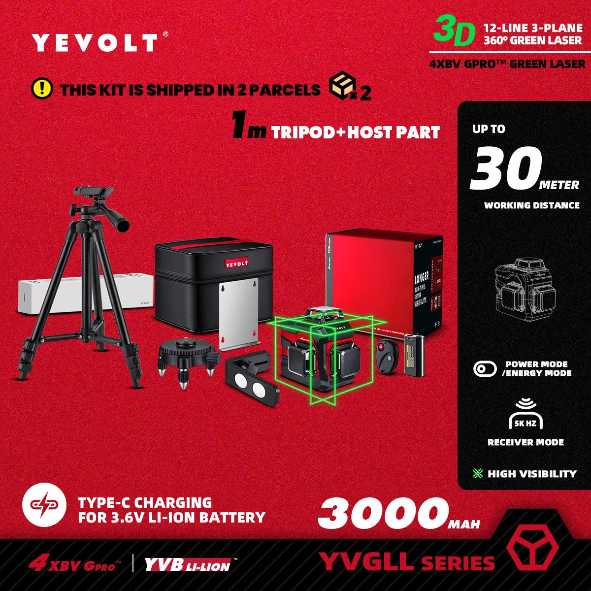 Nível a laser verde YEVOLT 3/4-Plano TL-YVGLL4XS-Series 12/16-Linhas Autonivelante 360 ​​3D/4D Ferramenta de medição de potência - Tripé de 1 m