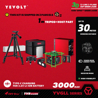 Nível a laser verde YEVOLT 3/4-Plano TL-YVGLL4XS-Series 12/16-Linhas Autonivelante 360 ​​3D/4D Ferramenta de medição de potência - Tripé de 1 m