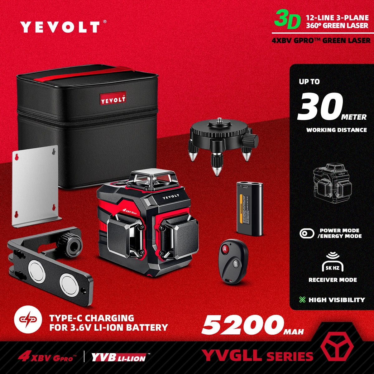 Nível a laser YEVOLT Série YVGLL4XS Verde 12/16 linhas 3/4 planos autonivelante 360 ​​3D/4D ferramenta de medição de linhas horizontais e verticais