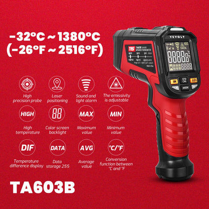 Termômetro infravermelho digital série YEVOLT TA603, portátil, sem contato, infravermelho, laser, pistola de temperatura, tela colorida, luz de fundo