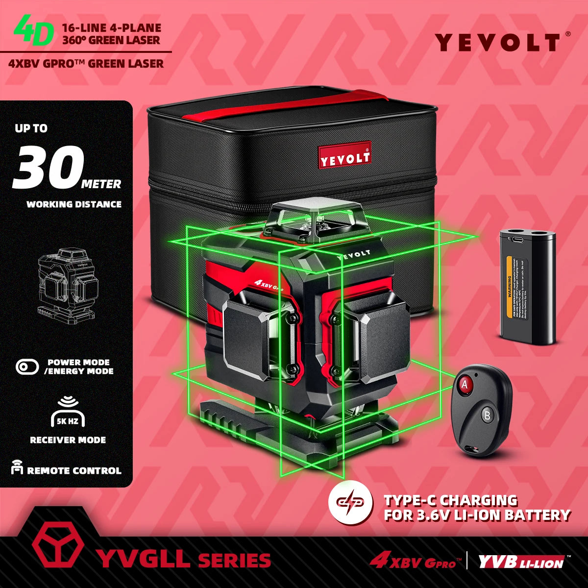 Nível a laser comercial de 360° x4 com 16 linhas YEVOLT YVGLL4XS16, nível de solo + varredura vertical, layout de piso de mármore, precisão de 30 m de longo alcance