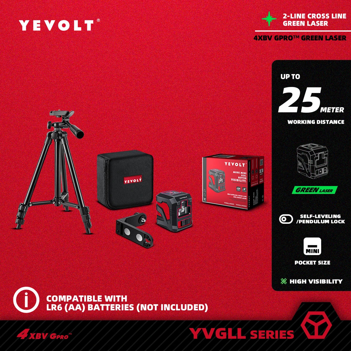 Nível de laser de linha cruzada YEVOLT YVRLL4XS2/YVGLL4XS2 Vermelho/Verde 2 linhas autonivelantes ferramentas de construção