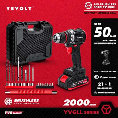 YEVOLT Cordless Electric Drill 20V - Brushless Motor, 2-Speed (0-550/1450RPM) 50N.m Torque LED Light for Prolonged DIY Projects