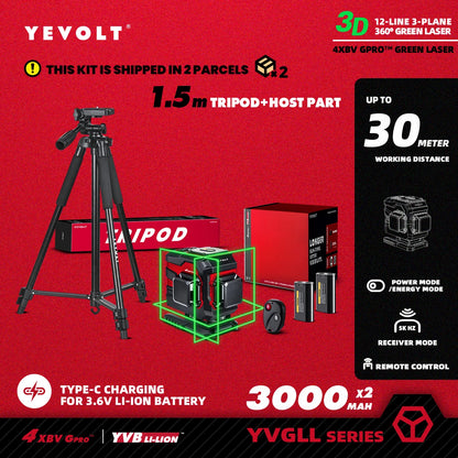 Nível a laser YEVOLT YVGLL4XS12T 3D, 12 linhas, autonivelante, 3 Ah/5,2 Ah, íons de lítio, ferramentas de medição horizontal e vertical 360