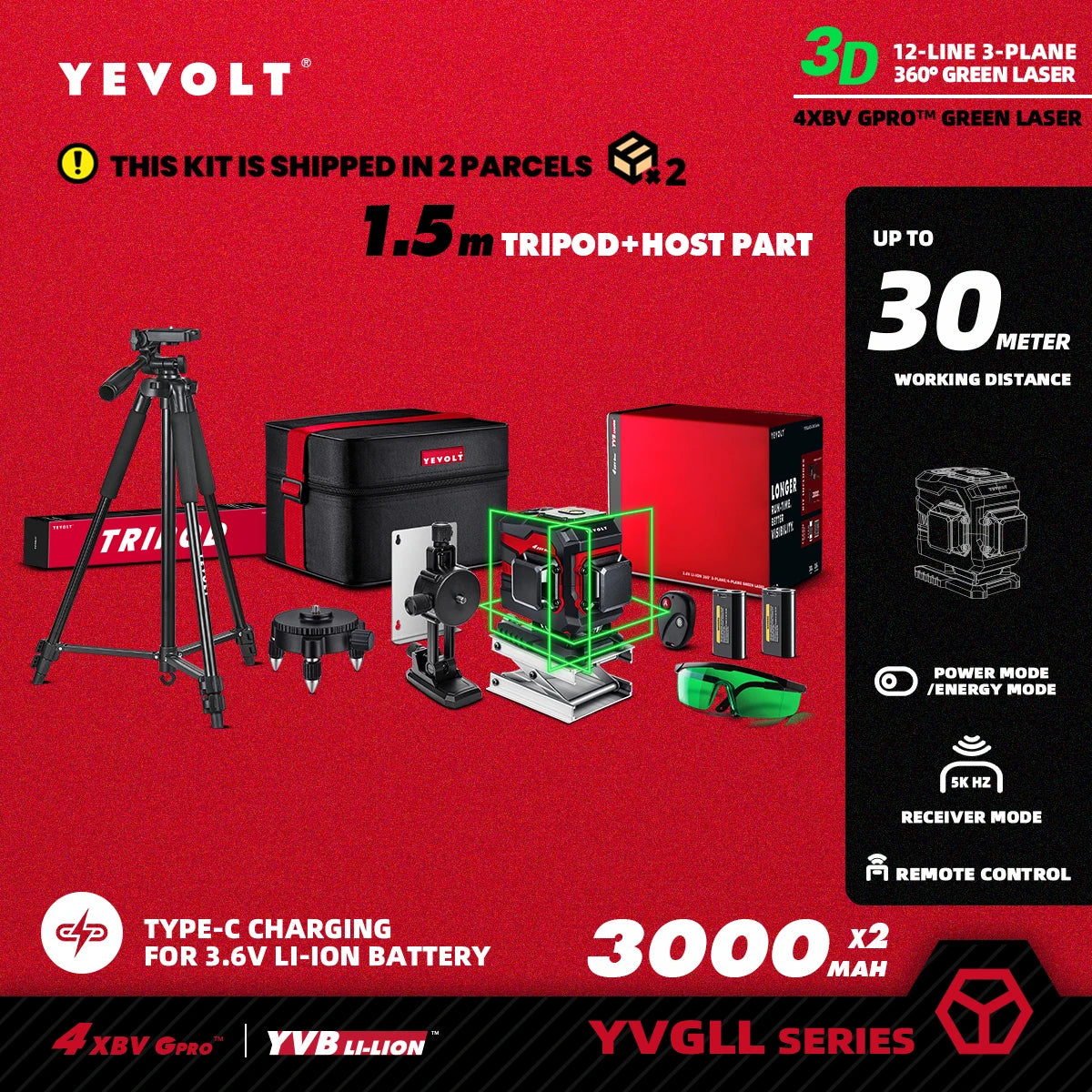 Nível a laser YEVOLT YVGLL4XS12T 3D, 12 linhas, autonivelante, 3 Ah/5,2 Ah, íons de lítio, ferramentas de medição horizontal e vertical 360