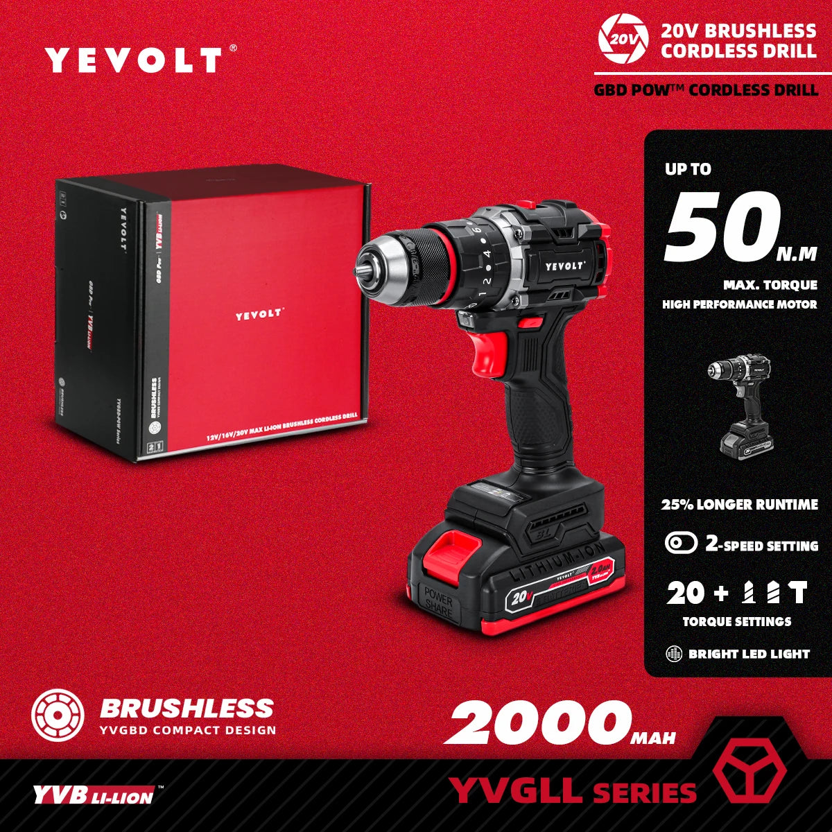 YEVOLT Electric Drill 20V Brushless 20+3 Impact Li-ion Compact Cordless Driver Handheld Screwdriver Power ToolYVGBD20DU3 Series