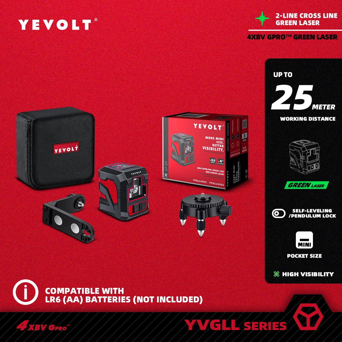 Nível de laser de linha cruzada YEVOLT YVRLL4XS2/YVGLL4XS2 Vermelho/Verde 2 linhas autonivelantes ferramentas de construção