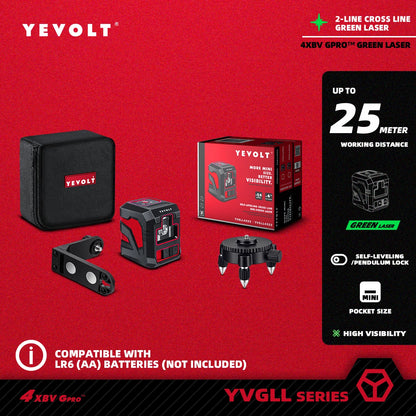 Nível de laser de linha cruzada YEVOLT YVRLL4XS2/YVGLL4XS2 Vermelho/Verde 2 linhas autonivelantes ferramentas de construção