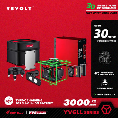 Nível a laser verde YEVOLT série YVGLL4XS, 3/4 planos, 12/16 linhas, autonivelante, 360 graus, 3D/4D, ferramenta de medição de linhas horizontais e verticais