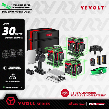 Nível a laser verde YEVOLT YVGLL4XS-Series autonivelante, 3/4 planos, 12/16 linhas, 360 graus, 3D/4D, ferramenta de medição de linhas horizontais e verticais