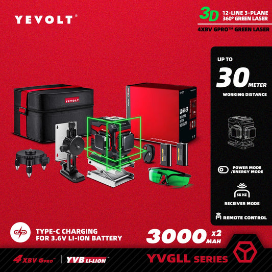 YEVOLT Laser Level Green 12/16-Line Self-leveling 3/4-Plane 360 3D/4D Measuring Tool-1.5M Aluminium Tripod-YVGLL4XS-Series