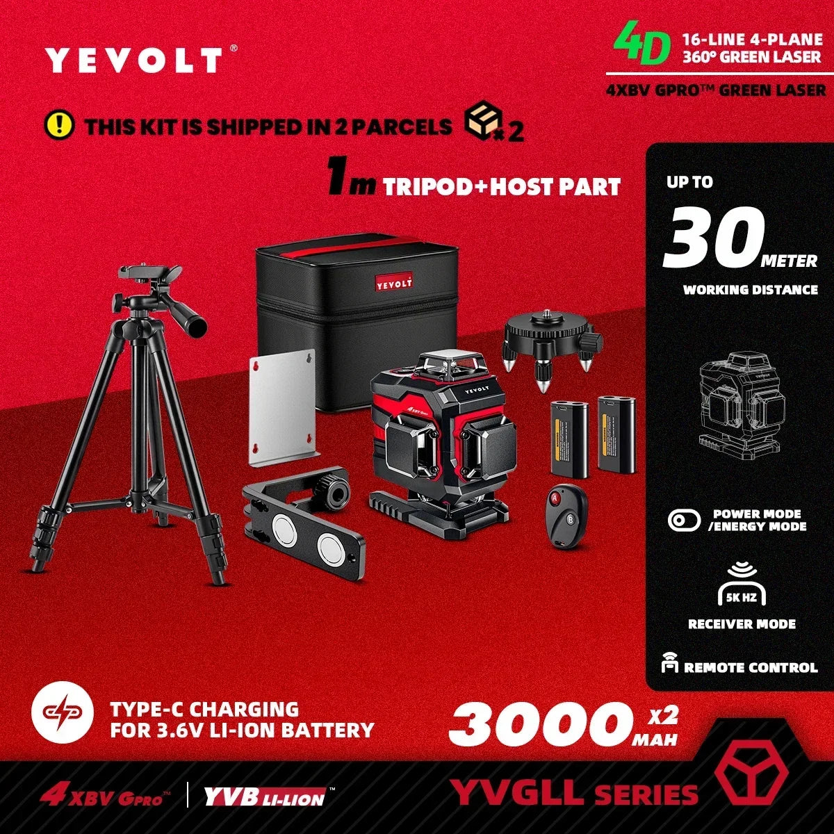 YEVOLT YVGLL4XS16 Nível a laser rotativo de 16 linhas de layout completo Sistema de alinhamento de ladrilhos autonivelante QuikTilt Alcance de 30 m de precisão