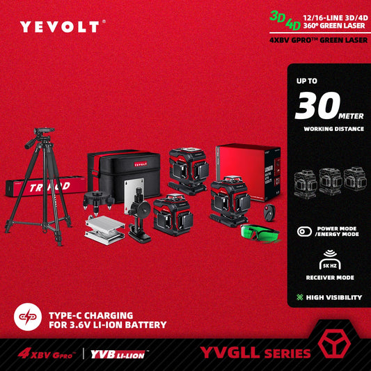 YEVOLT Green Beam Self-leveling Laser Level 12/16 Lines 3D 360° Accurate Measuring Tool with 1.5M Tripod - TP-YVGLL4XS-Series