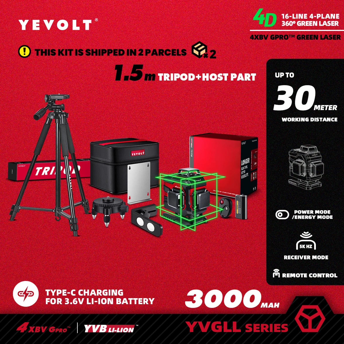 Nível a laser YEVOLT Green Beam, 16 linhas, autonivelante, 360°, 3D, horizontal e vertical, ferramentas de medição precisas - Série YVGLL4XS16