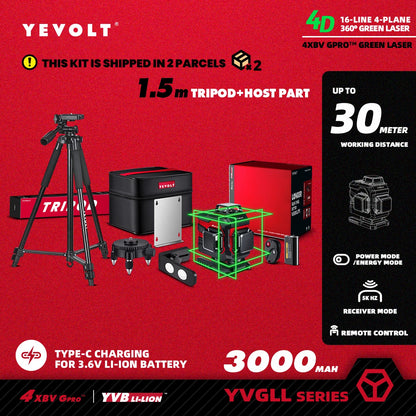 Nível a laser YEVOLT Green Beam 3D horizontal e vertical, 16 linhas, autonivelante, ferramentas de medição precisas de 360° - Série YVGLL4XS16