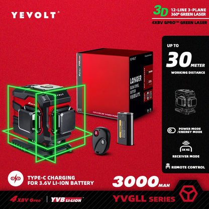 Nível a laser YEVOLT YVGLL4XS12T 3D, 12 linhas, autonivelante, 3 Ah/5,2 Ah, íons de lítio, ferramentas de medição horizontal e vertical 360