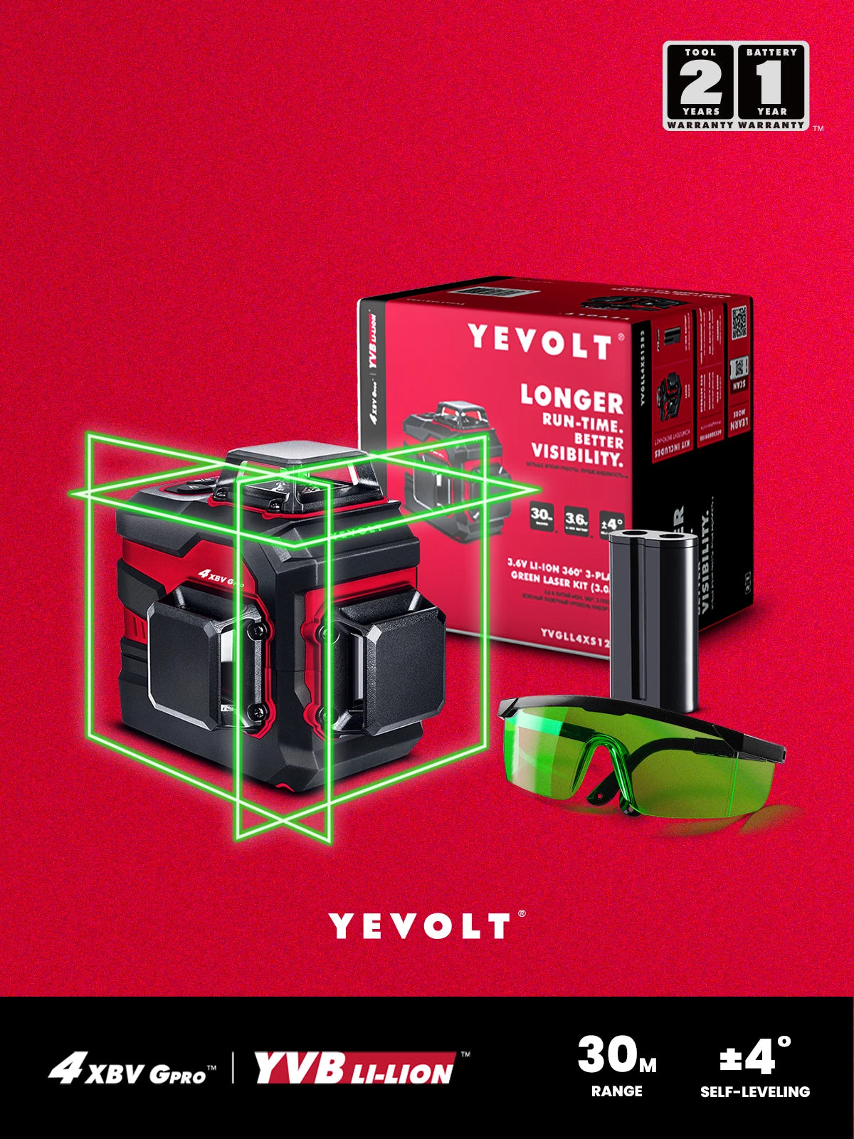 Nível a laser verde YEVOLT YVGLL4XS12PRO, 3 planos, 12 linhas, autonivelante, 3D, horizontal e vertical, 3,6 V, 5,2 Ah, ferramentas de medição de potência