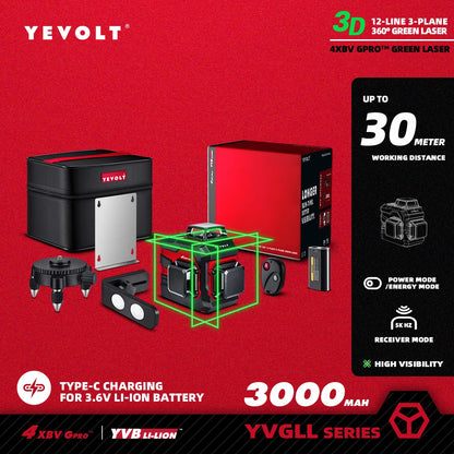 Nível a laser verde YEVOLT YVGLL4XS-Series autonivelante, 3/4 planos, 12/16 linhas, 360 graus, 3D/4D, ferramenta de medição de linhas horizontais e verticais