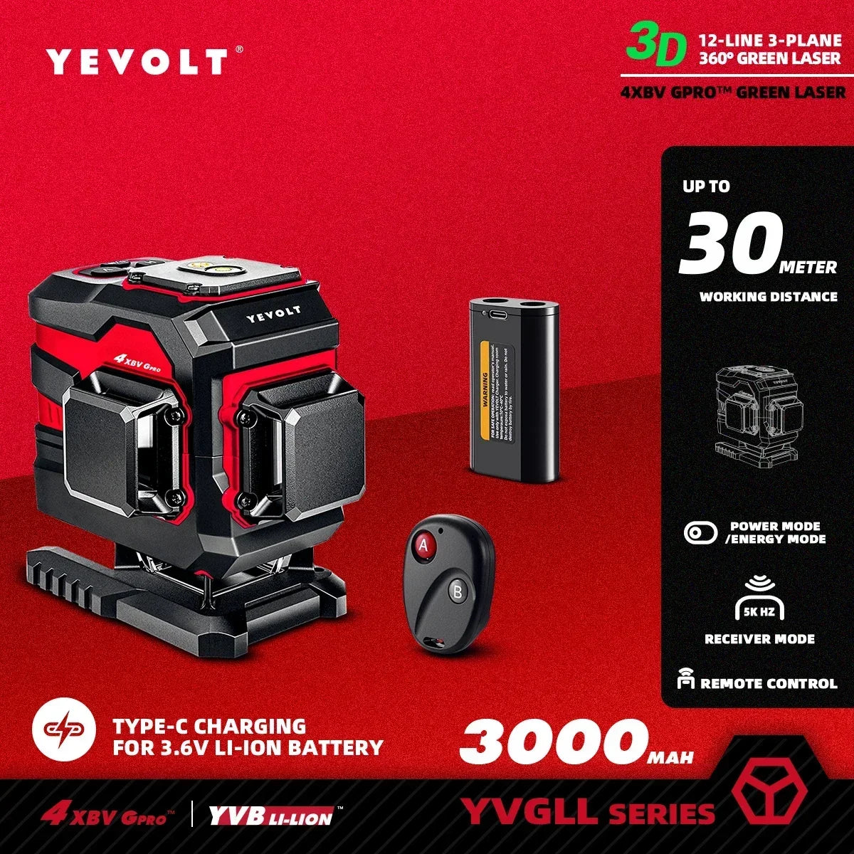 Ferramenta de nivelamento automático YEVOLT Select 12/16 Line, luz verde, alta visibilidade com função de bloqueio de inclinação para construção e projetos DIY