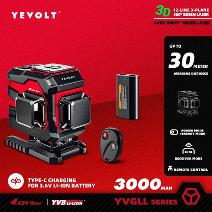 Ferramenta de nivelamento automático YEVOLT Select 12/16 Line, luz verde, alta visibilidade com função de bloqueio de inclinação para construção e projetos DIY