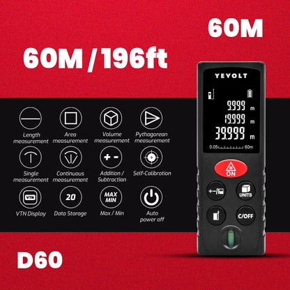 Medidor de distância a laser da série D da YEVOLT, 40/60/80/100 m, fita métrica digital com retroiluminação de área/volume/pitagórica