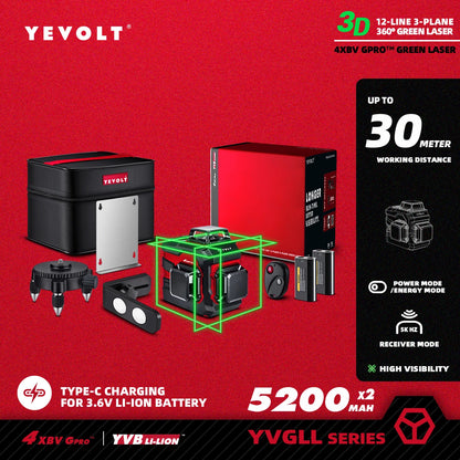 Nível a laser verde YEVOLT série YVGLL4XS, 3/4 planos, 12/16 linhas, autonivelante, 360 graus, 3D/4D, ferramenta de medição de linhas horizontais e verticais