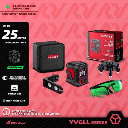 Kit de linhas cruzadas verdes YEVOLT Laser Level YVGLL4XS2 de 2 linhas - Suporte magnético, nivelamento automático, layout e ferramentas de medição de alinhamento