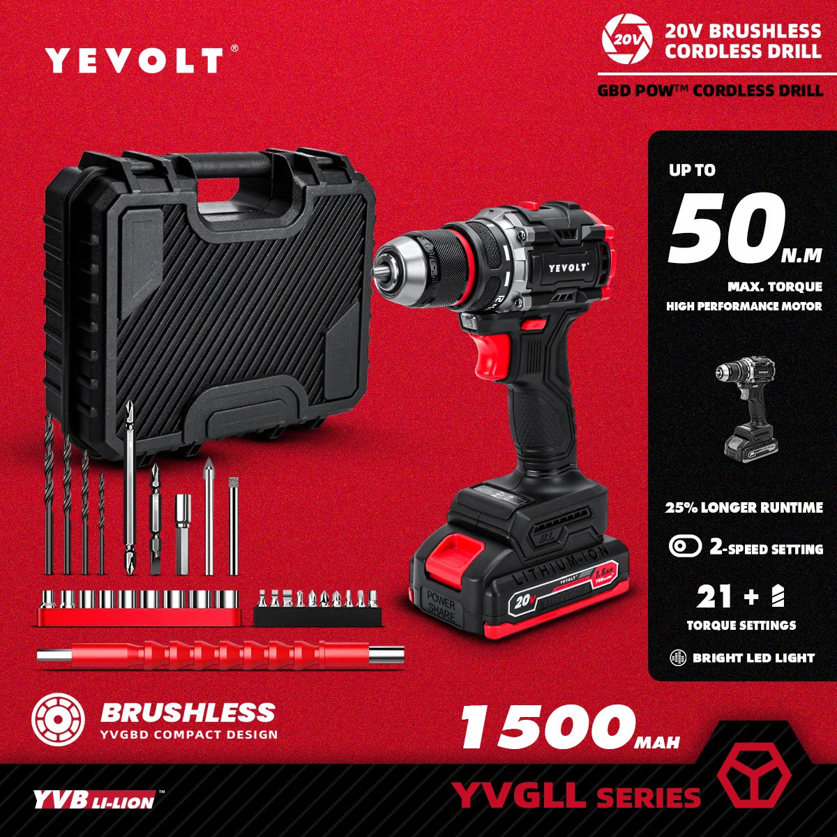 YEVOLT Electric Drill 20V Brushless Li-ion Compact Cordless 21+1 Driver Handheld Screwdriver Power Tools YVGBD20DU2 Series