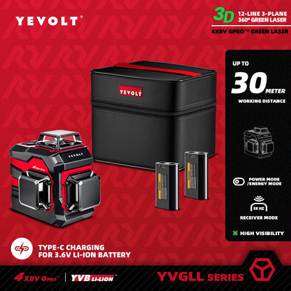 Nível a laser multieixos de 12 linhas YEVOLT YVGLL4XS12 EverBright, autonivelante, compacto, de dupla potência, alta precisão, cobertura de 30 m