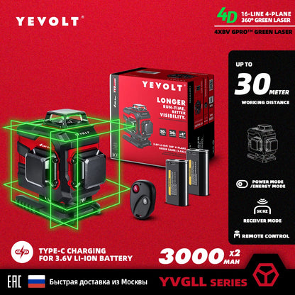 Nível a laser verde YEVOLT, 12/16 linhas, autonivelante, 360°, ferramenta de medição 3D/4D - Tripé de 1,5 m - Série YVGLL4XS